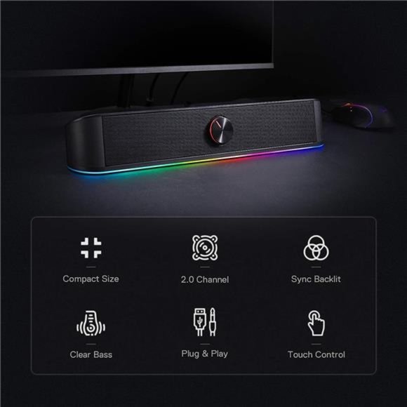 RGB Desktop Soundbar, 2.0 Channel Computer Speaker with Dynamic Lighting Bar - Picture 3 of 7